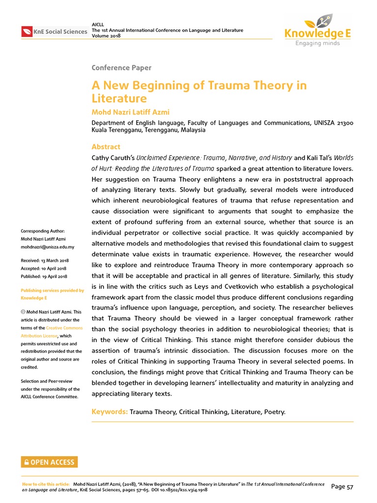 Begining of Trauma Theory in Literature PDF Literary Theory