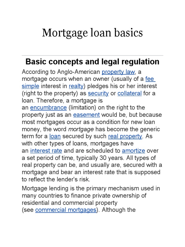 Mortgage Loan Basics SUMMARY PDF Mortgage Loan Loan To Value Ratio