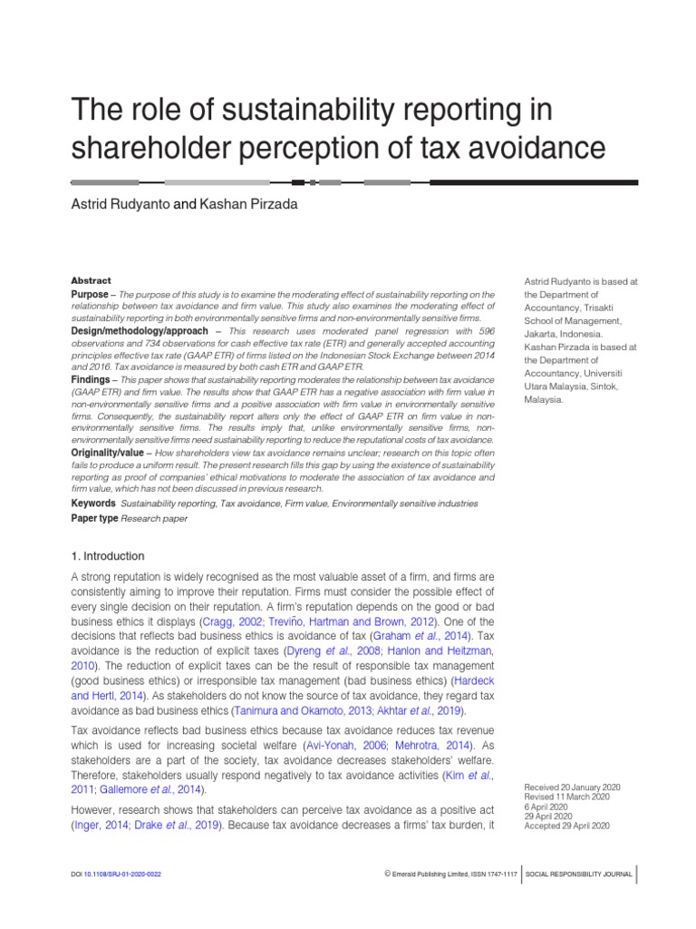 The Role of Sustainability Reporting in Shareholder Perception of Tax ...