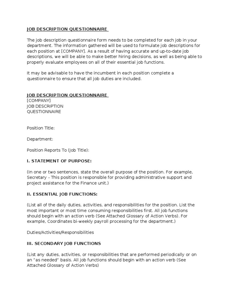 Job Description Questionnaire PDF Employment Judgment (Law)