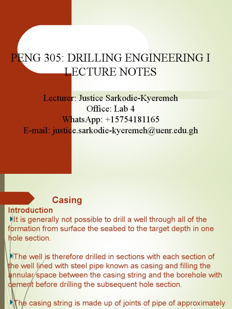 Peng 305: Drilling Engineering I Lecture Notes | PDF | Casing (Borehole ...