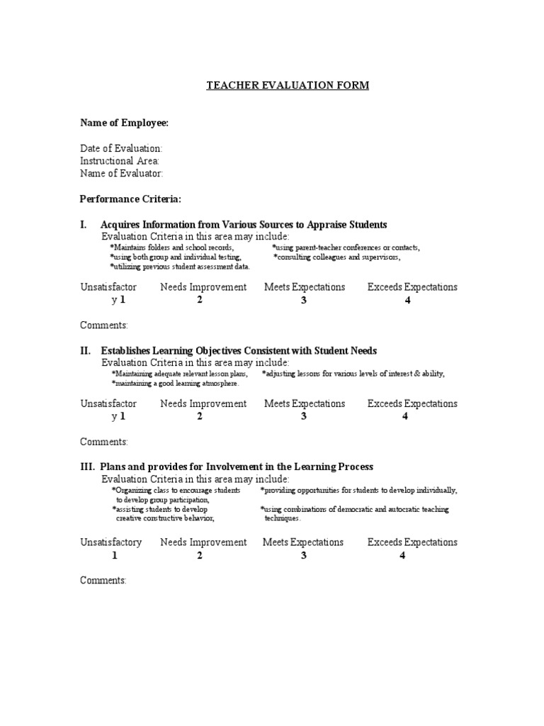 Teacher Evaluation Criteria Form | PDF | Performance Appraisal | Teachers