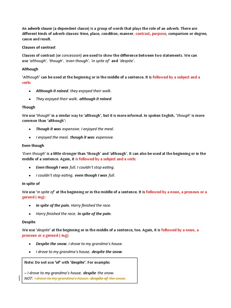 Adverb Clauses of Contrast and Purpose | PDF | Verb | Adverb