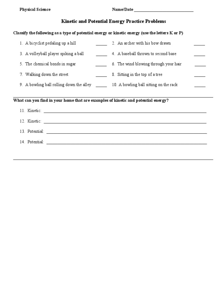 Kinetic and Potential Energy Practice Problems: Physical Science Name ...