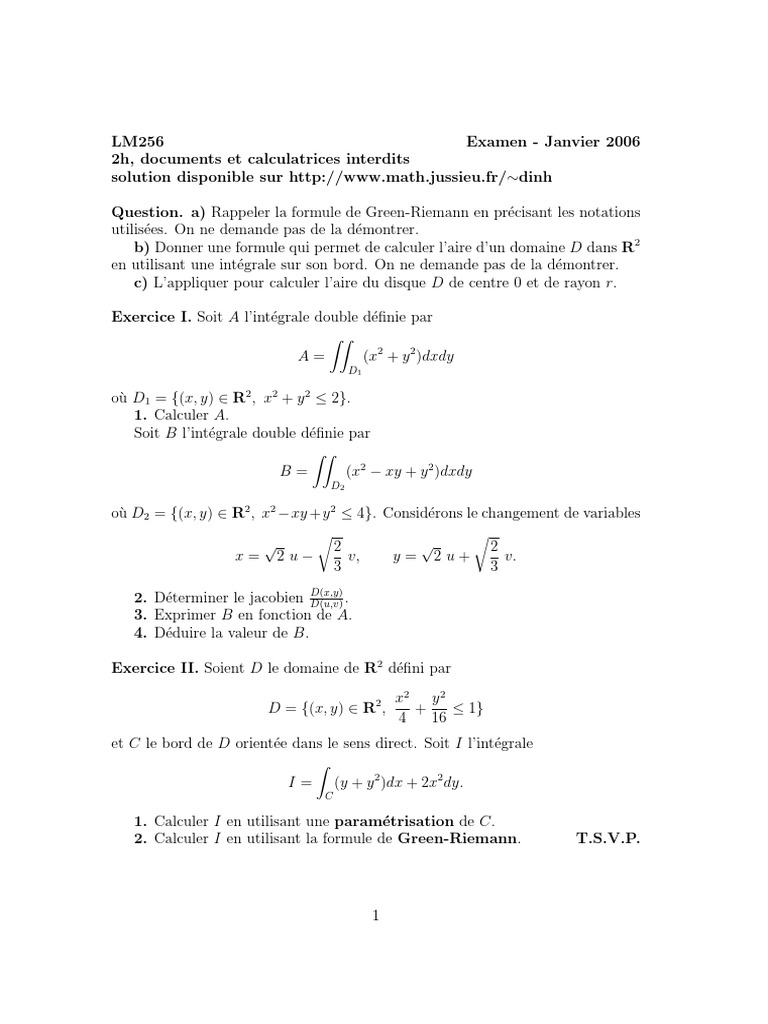 Examen sur les intégrales et GreenRiemann PDF Intégral Courbe — free download