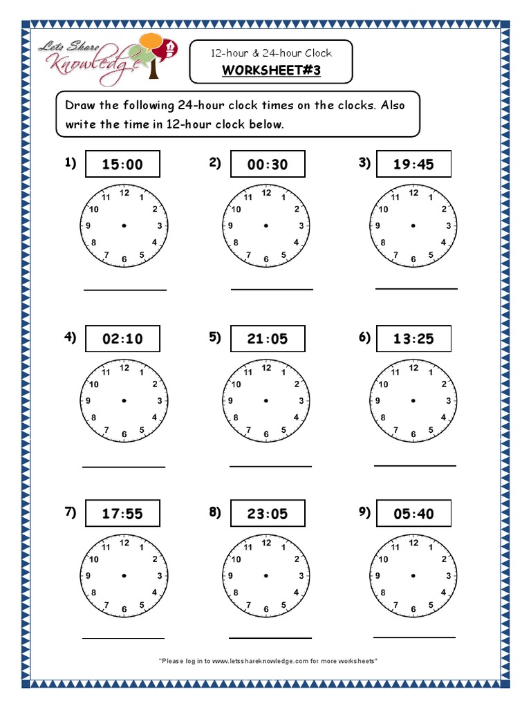 12 hour 24 hour clock grade 4 maths resources printable worksheets w3 pdf
