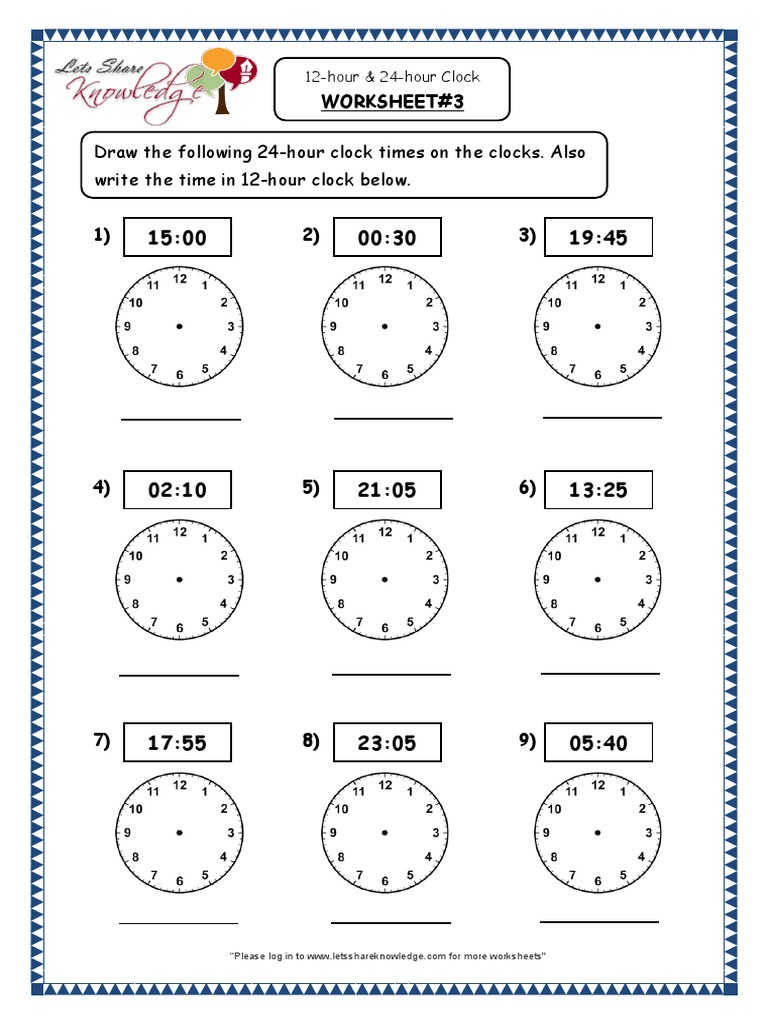 12 Hour 24 Hour Clock Grade 4 Maths Resources Printable Worksheets W3 Pdf