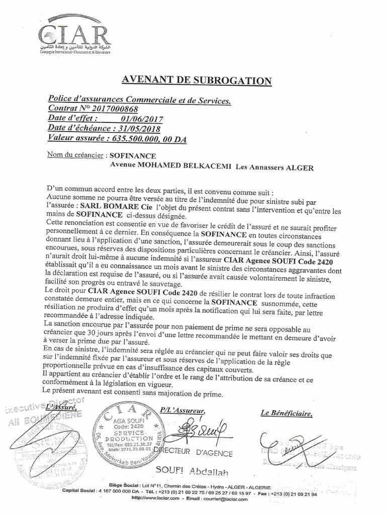 Avenant de Subrogation | PDF
