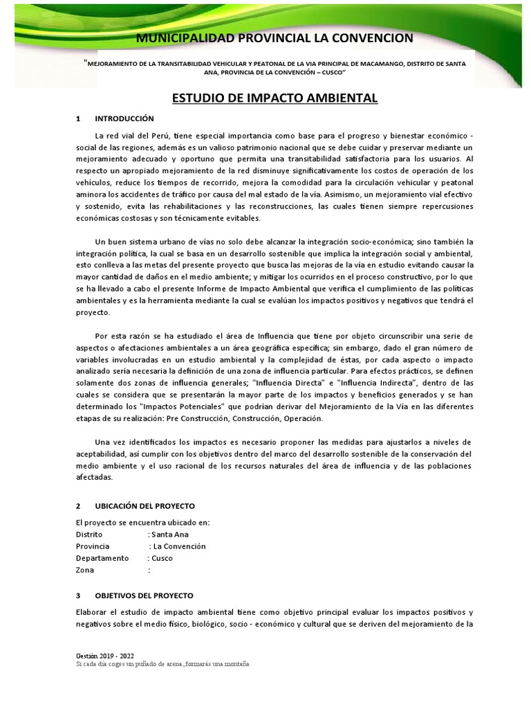 Impacto Ambiental Vía Macamango Cusco | PDF | Evaluación de impacto ...