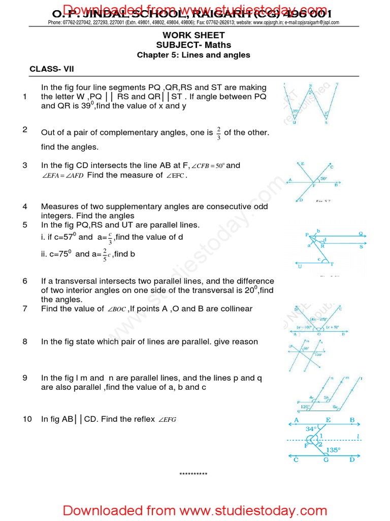 Work Sheet SUBJECT-Maths: Chapter 5: Lines and Angles Class - Vii | PDF ...