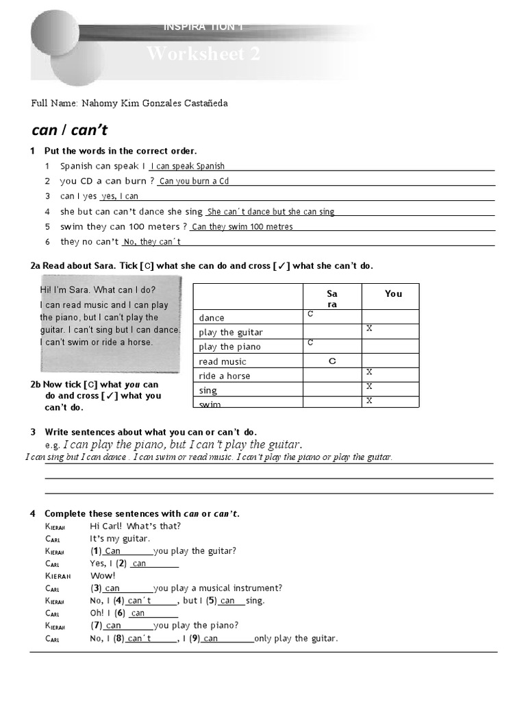 Worksheet 2: Can / Can't | PDF | English Language | Grammar