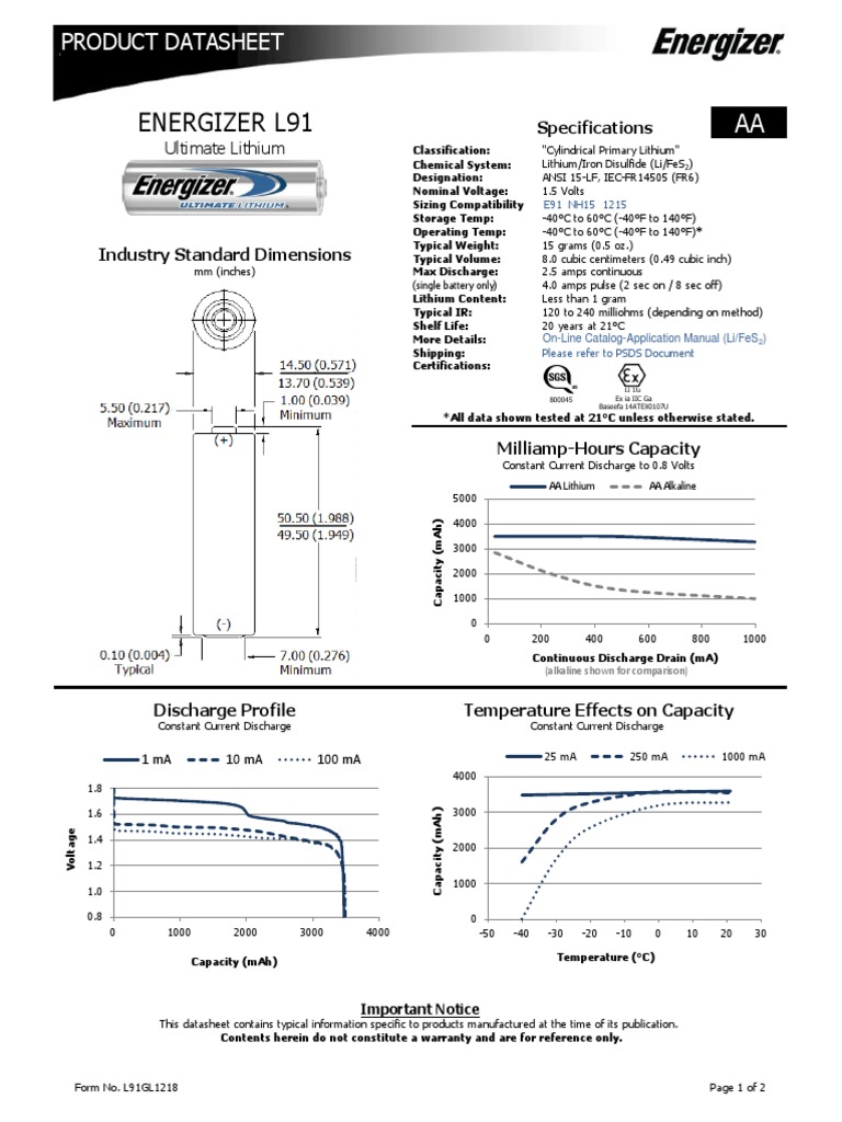 Energizer L91: Product Datasheet | PDF | Quantity | Metrology