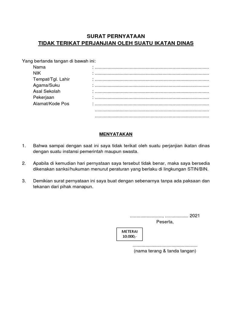 DECLARATION OF NO BINDING SERVICE AGREEMENT PDF