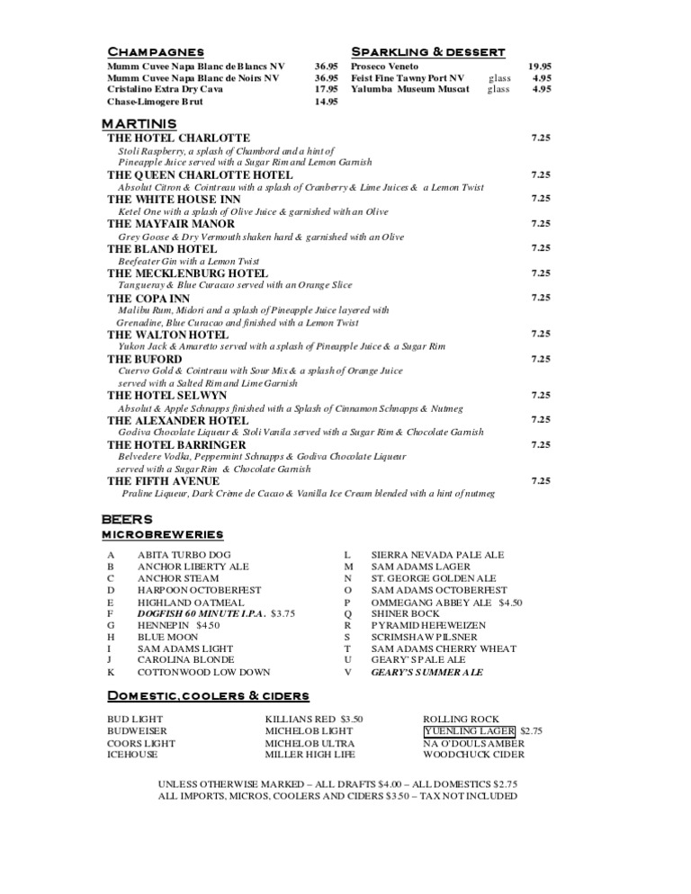 Martini List PDF Anheuser Busch Brands Alcoholic Drinks