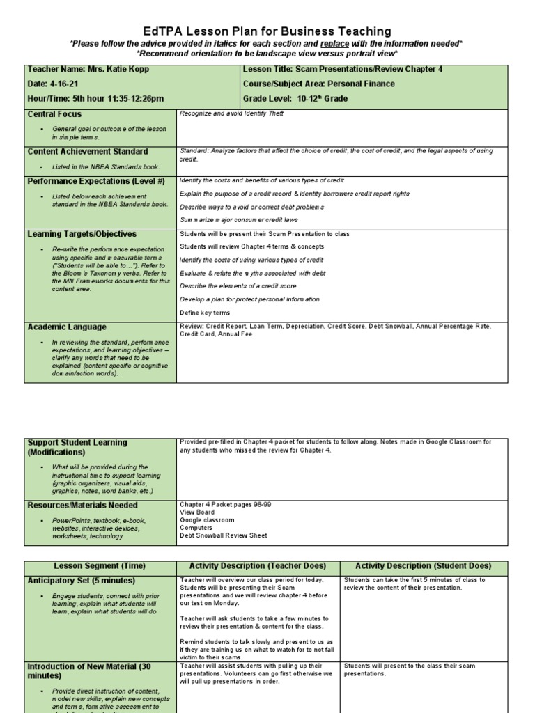 EdTPA Business Lesson Plan Overview | PDF | Credit History | Credit