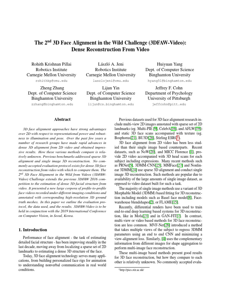 The 2 3D Face Alignment in The Wild Challenge (3DFAW-Video) : Dense ...
