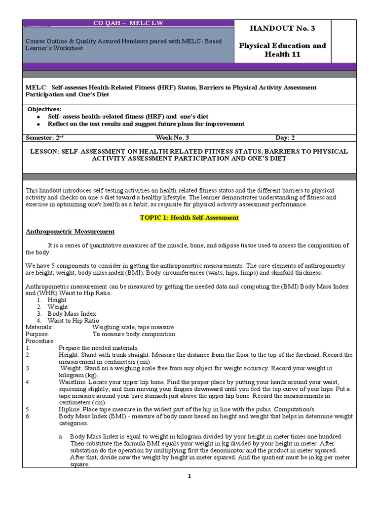 PE Handout 3 - GRADE 11 | PDF | Body Mass Index | Waist