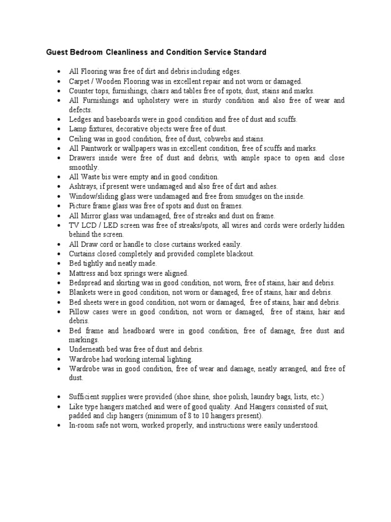 Guest Bedroom Cleanliness Standards | PDF | Bed | Bedroom