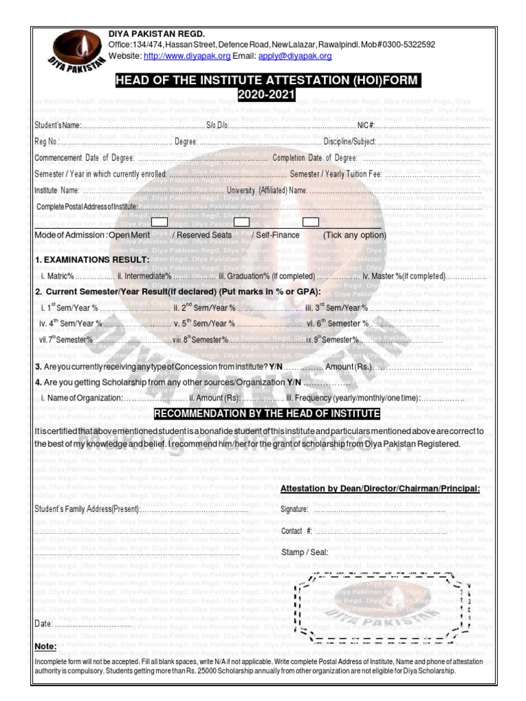 HOI Form for Diya Pakistan Scholarship | PDF | Educational Stages