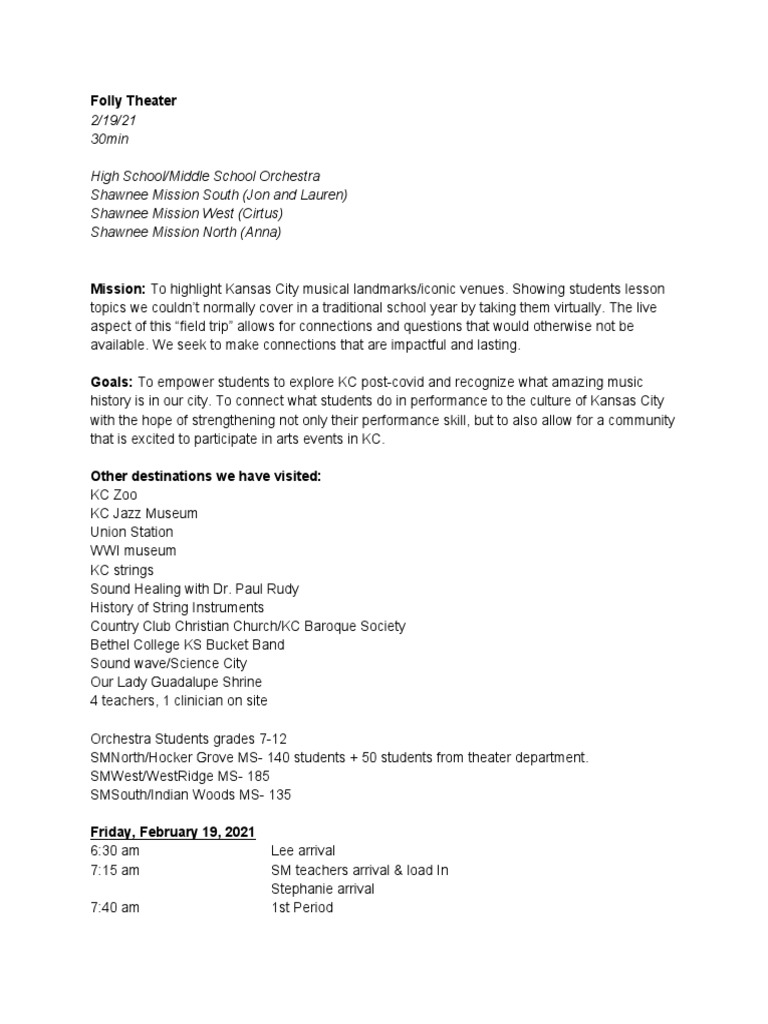 Artifact 1 Field Trip Lesson Plan | PDF | Theatre | Entertainment (General)