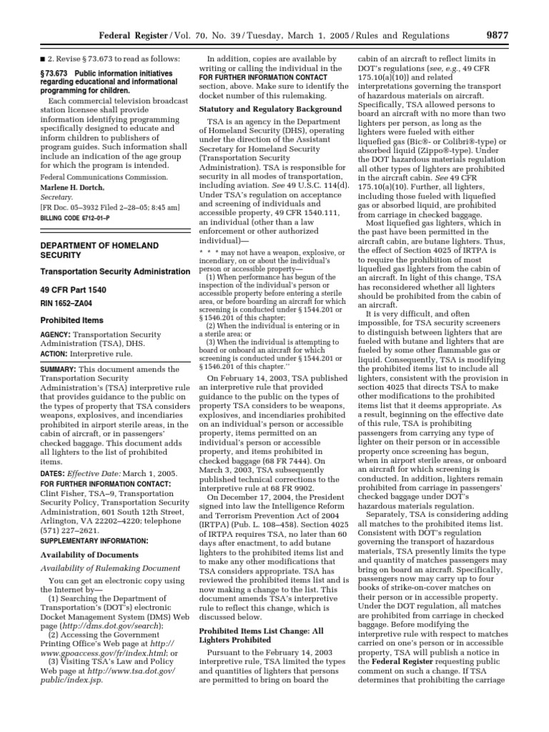 Interpretive Rule Lighters PDF Transportation Security