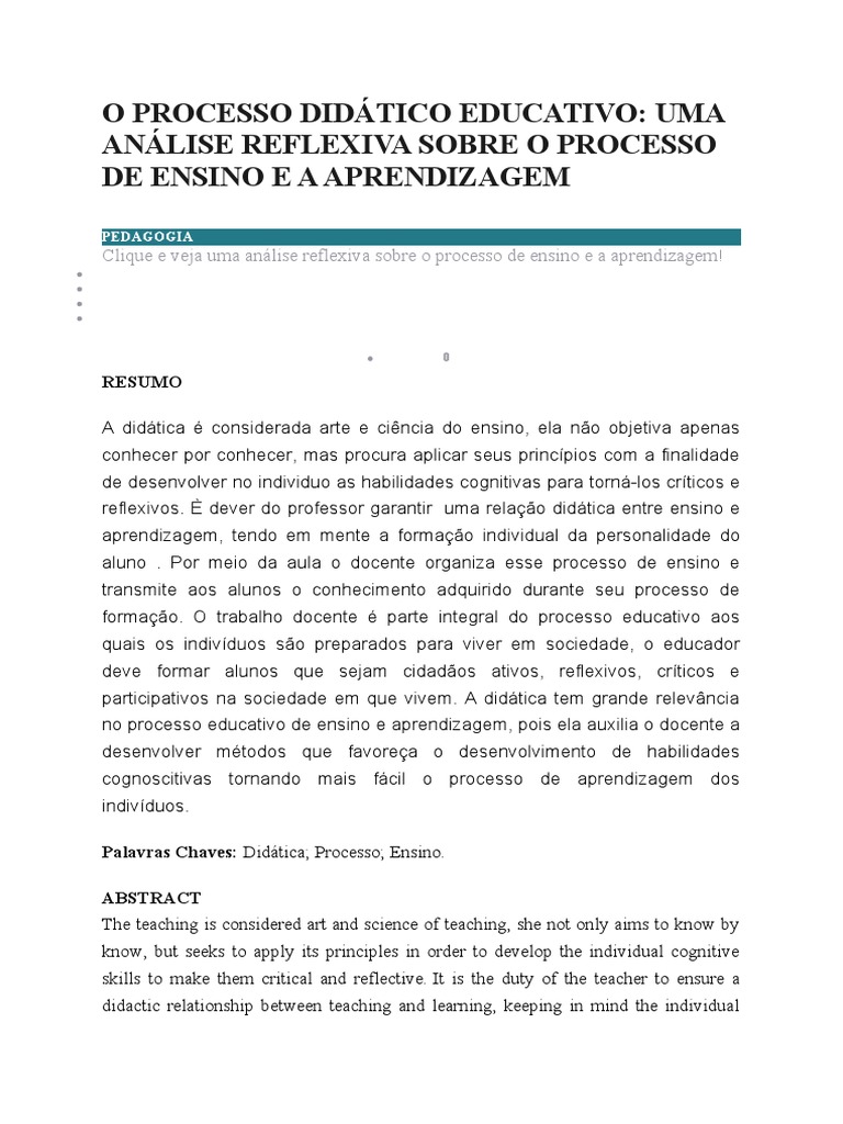 Análise do Processo Didático Educativo | PDF | Aprendizado | Pedagogia