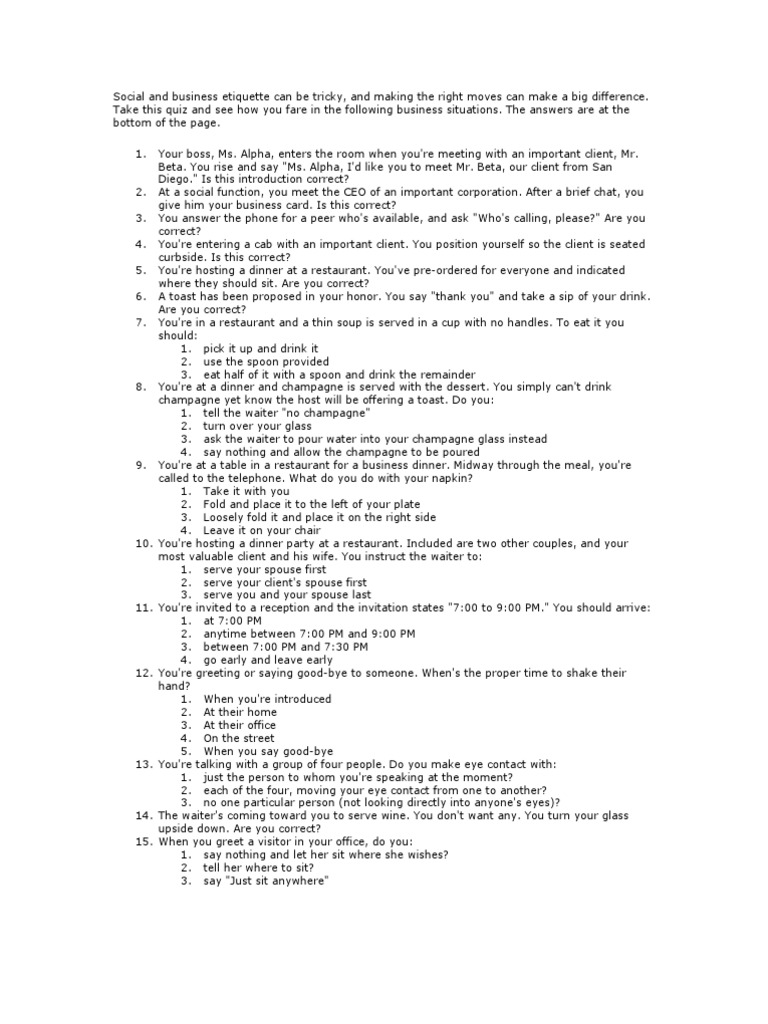 Business Etiquette Quiz | Download Free PDF | Restaurants