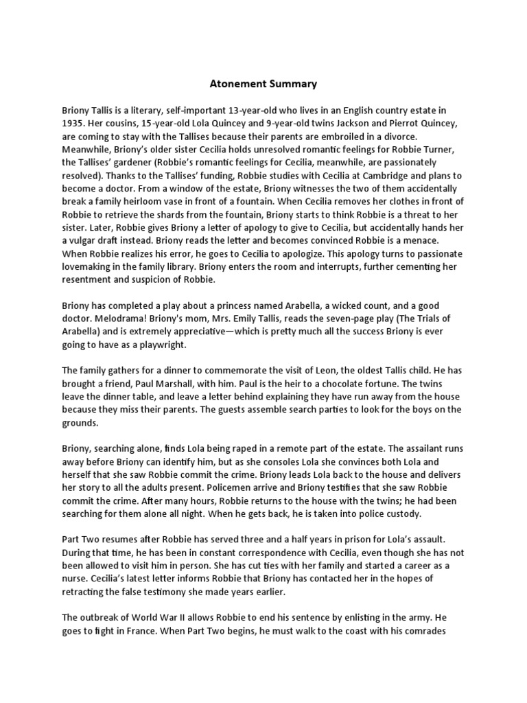 Atonement Summary PDF Crime & Violence Crime Thriller