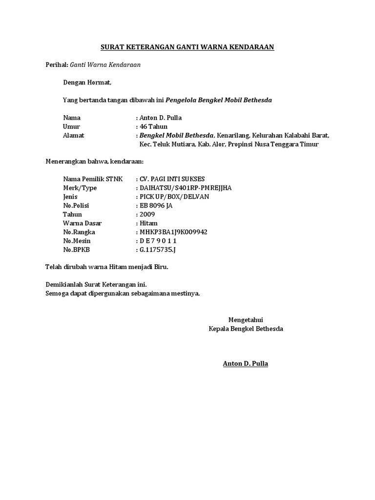 Surat Keterangan Ganti Warna Kendaraan