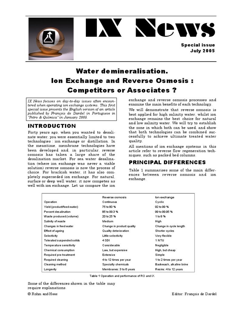 IX News Water Demineralisation. Ion Exchange and Reverse Osmosis