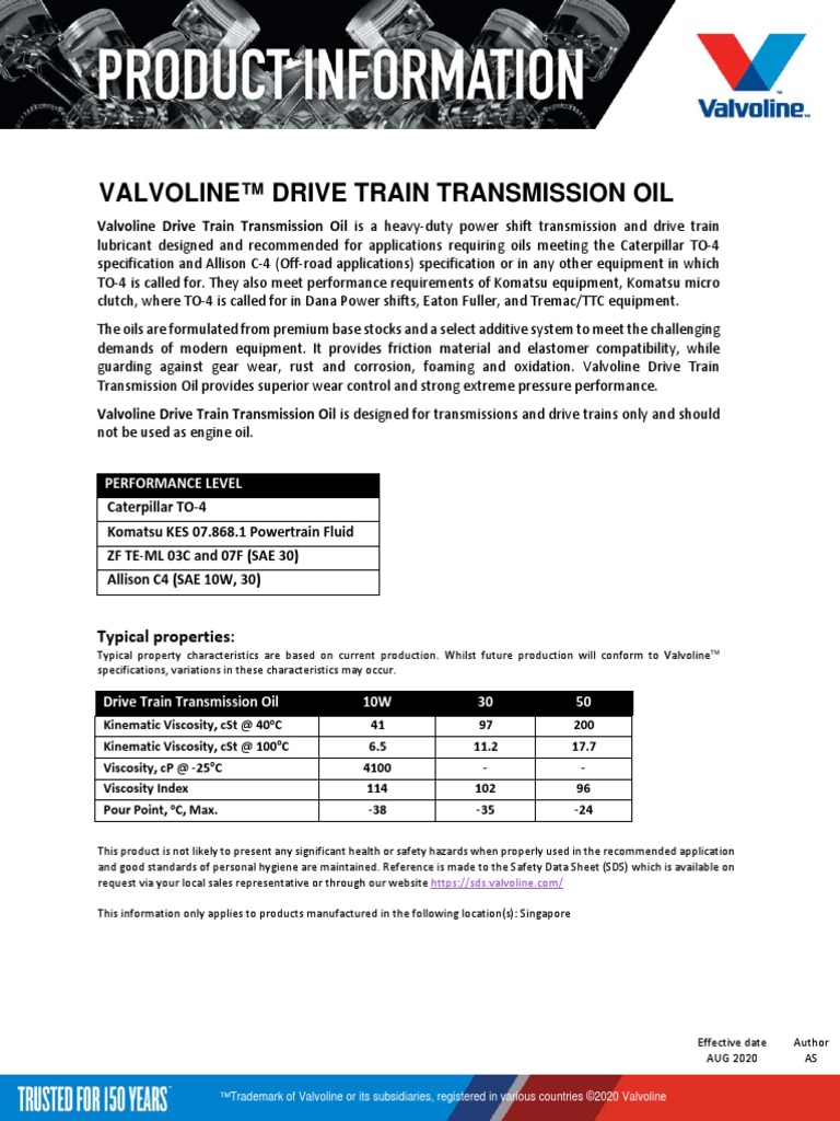 Valvoline Drive Train Transmission Oil TO4 PDF