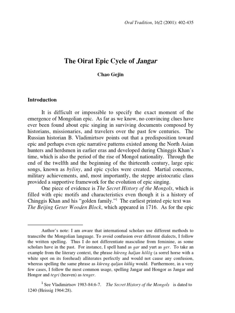 The Oirat Epic Cycle of Jangar Chao Gejin PDF Mongols