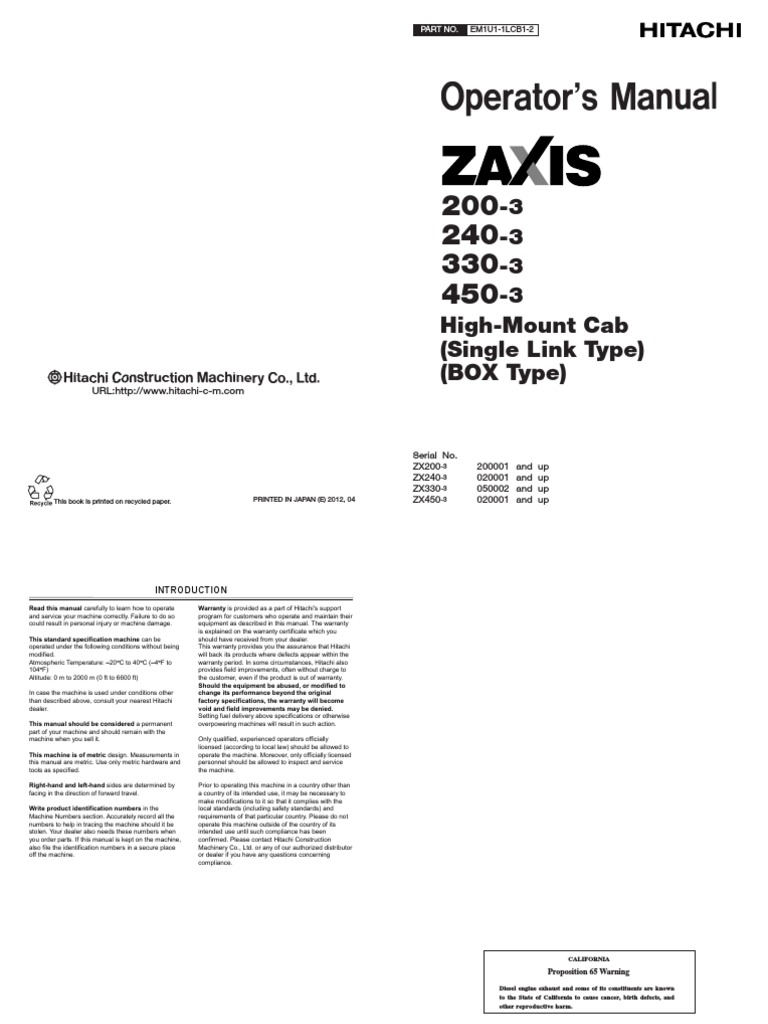 Zx240-3 Operator's Manual | PDF | Seat Belt | Safety