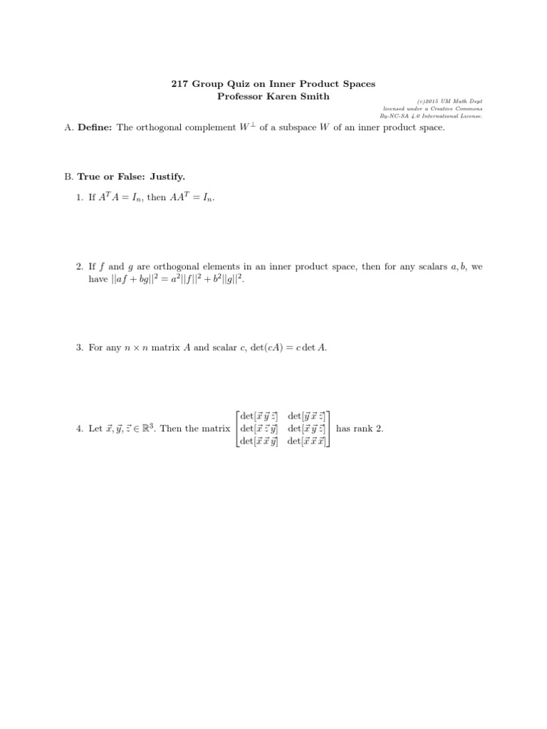 Inner Product Spaces Group Quiz | PDF | Teaching Methods & Materials