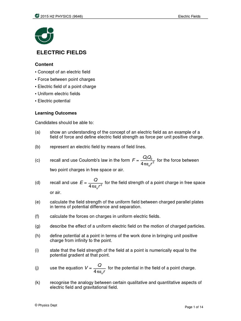 14 15 H2 Electric Fields Notes PDF Electric Field Force