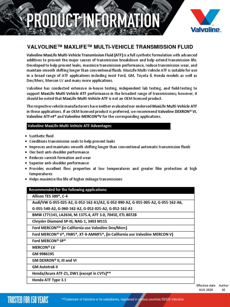Valvoline Maxlife Multi Vehicle ATF | PDF | Computers