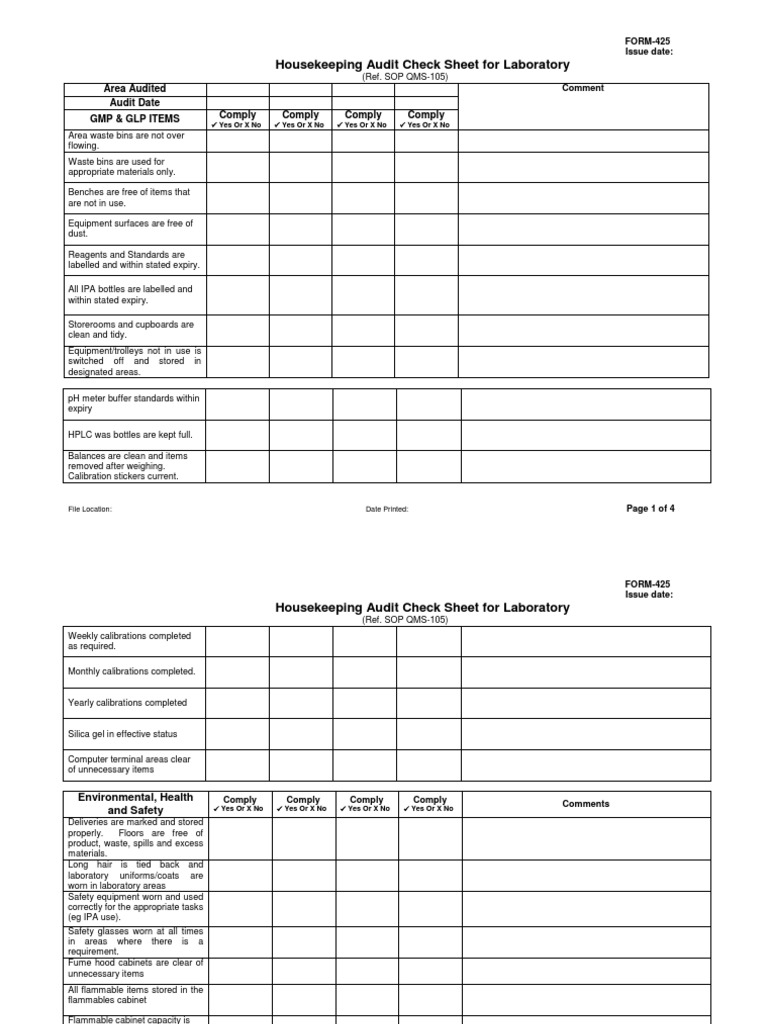 Laboratory Housekeeping Audit Checklist | PDF | Safety | Chemistry