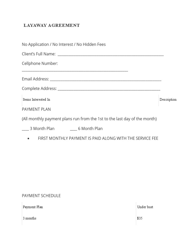 layaway agreement: items interested in description | pdf