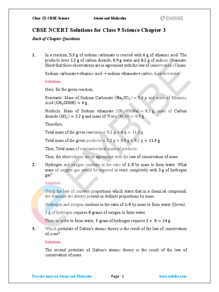Class 9 Science: Atoms and Molecules Solutions | PDF | Mole (Unit ...