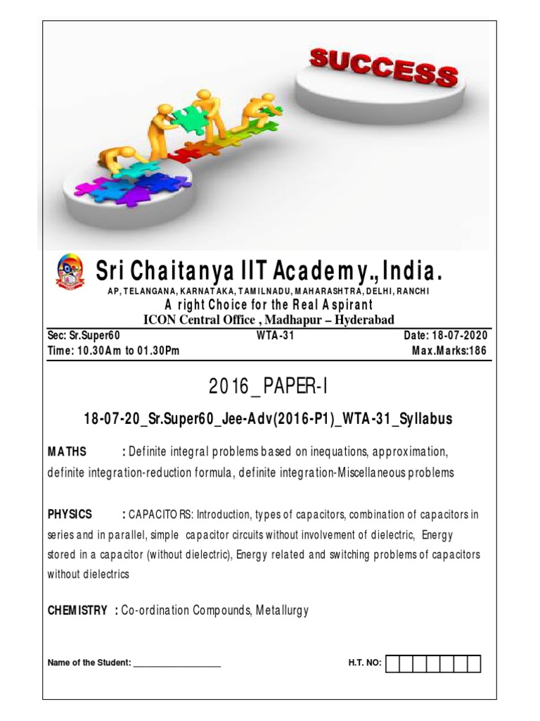 Sri Chaitanya IIT Academy., India.: 2016 - PAPER-I | PDF | Capacitor ...