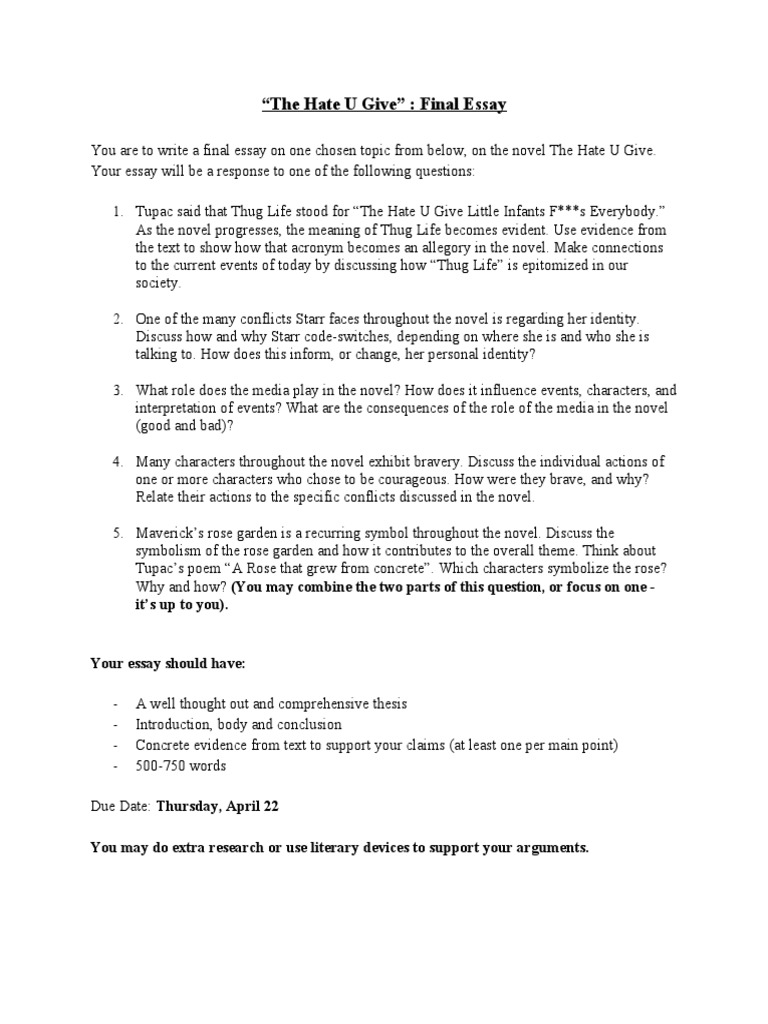 Final Essay Topics for The Hate U Give | PDF | Philosophy | General Fiction