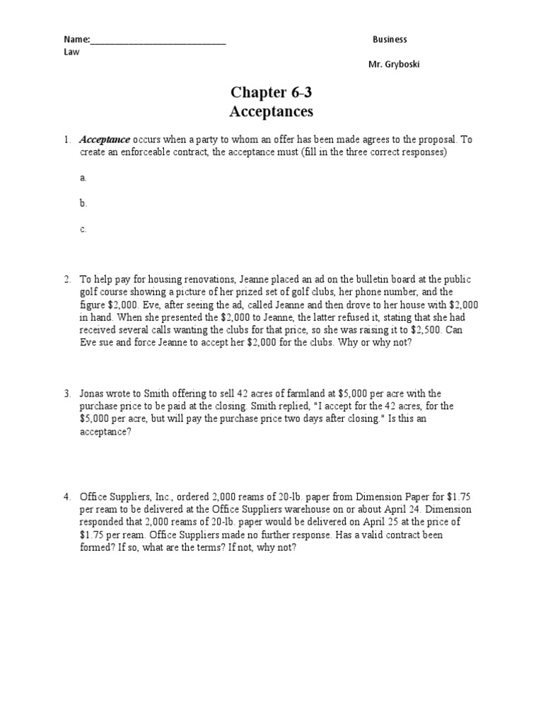 Chapter 6 3 Worksheet Study Guide Pdf Offer And Acceptance