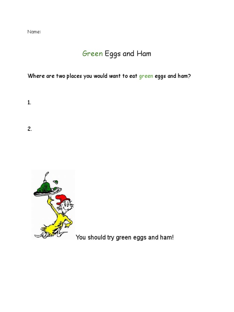 green eggs and ham worksheet