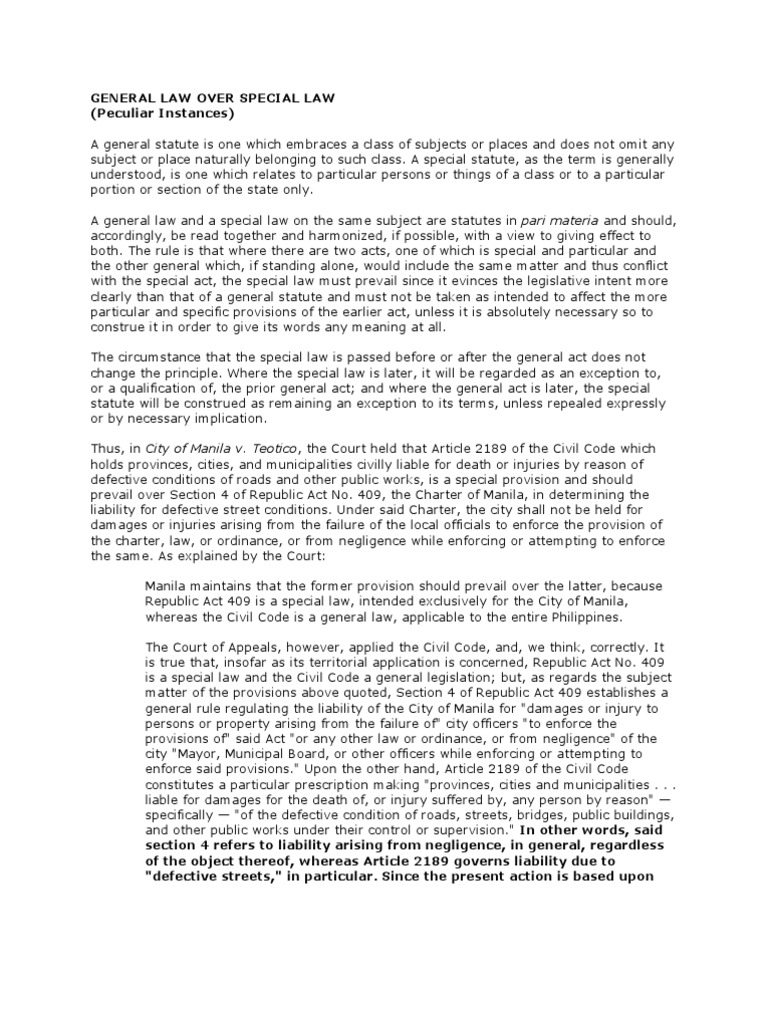 General Law Over Special Law Negligence Ethical Principles