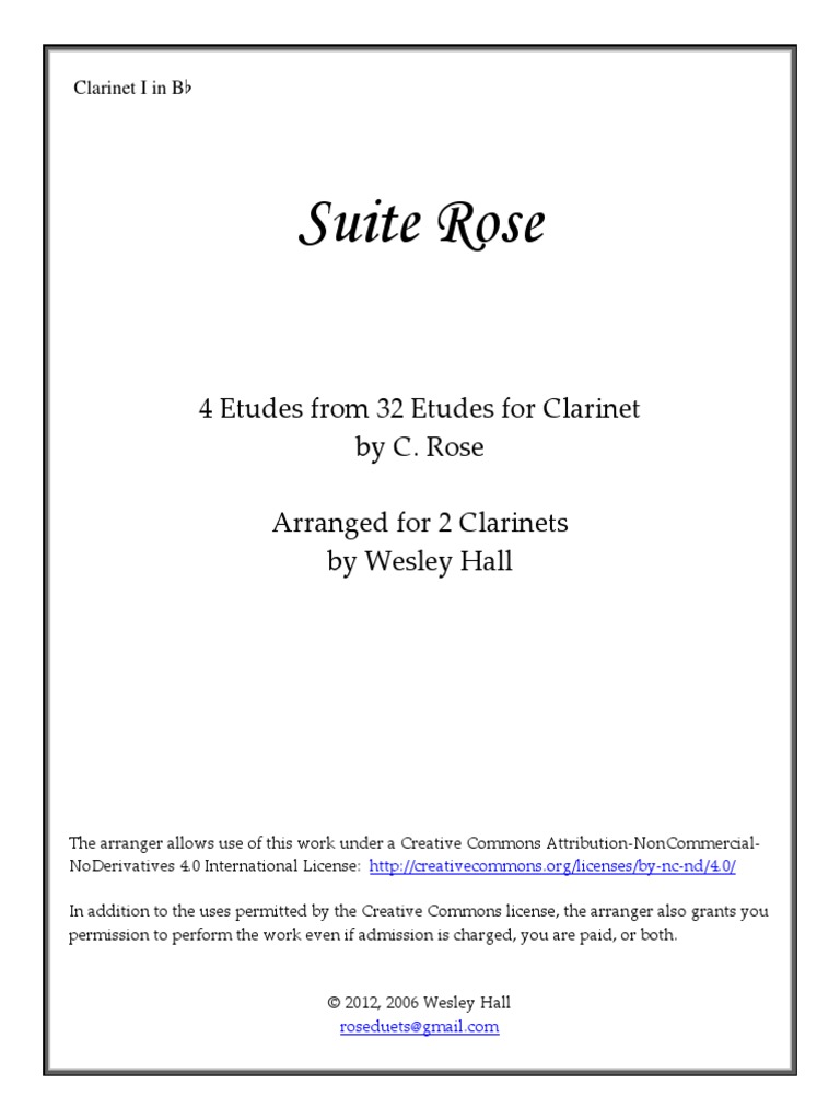 Suite Rose: 4 Etudes From 32 Etudes For Clarinet by C. Rose Arranged For 2 Clarinets by Wesley ...