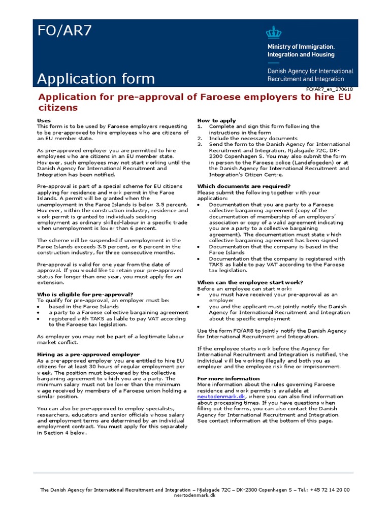 FO/AR7 Application Form: Application For Pre-Approval of Faroese 