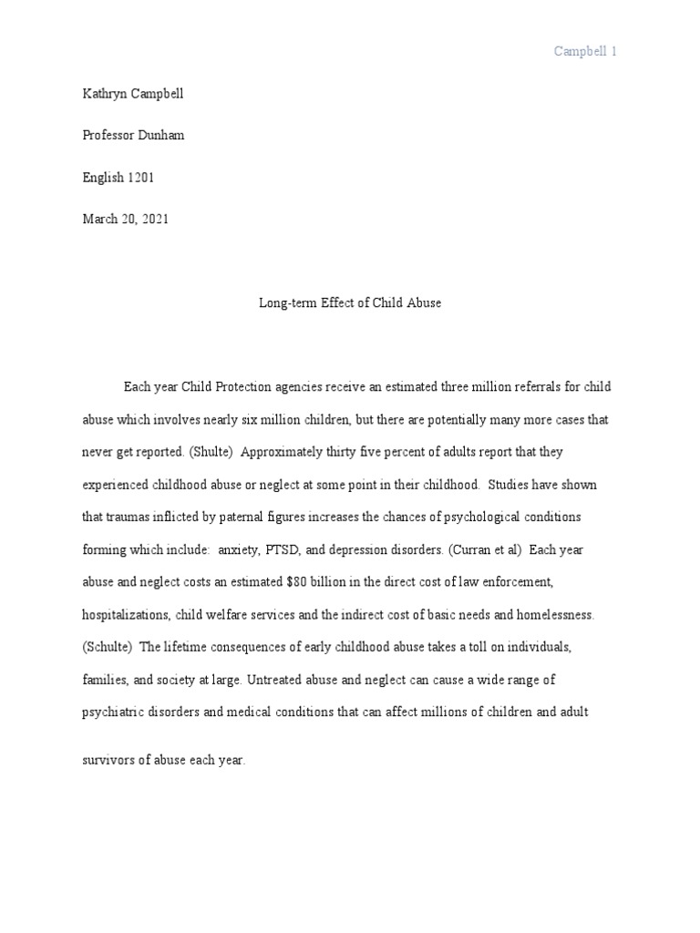 Long Term Effects Of Child Abuse Draft 2 2 PDF Domestic Violence