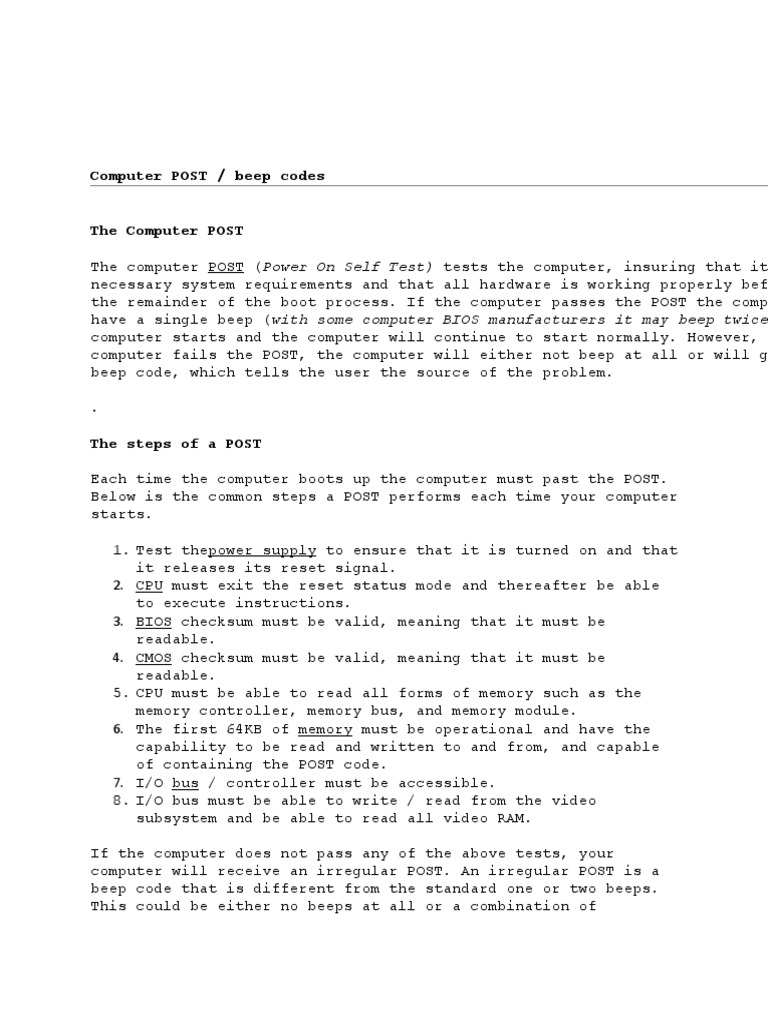 Computer POST / Beep Codes PDF Bios