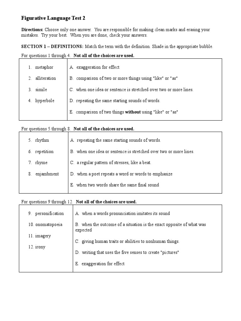 Figurative Language Unit Test 02 PDF Poetic Devices Poetry