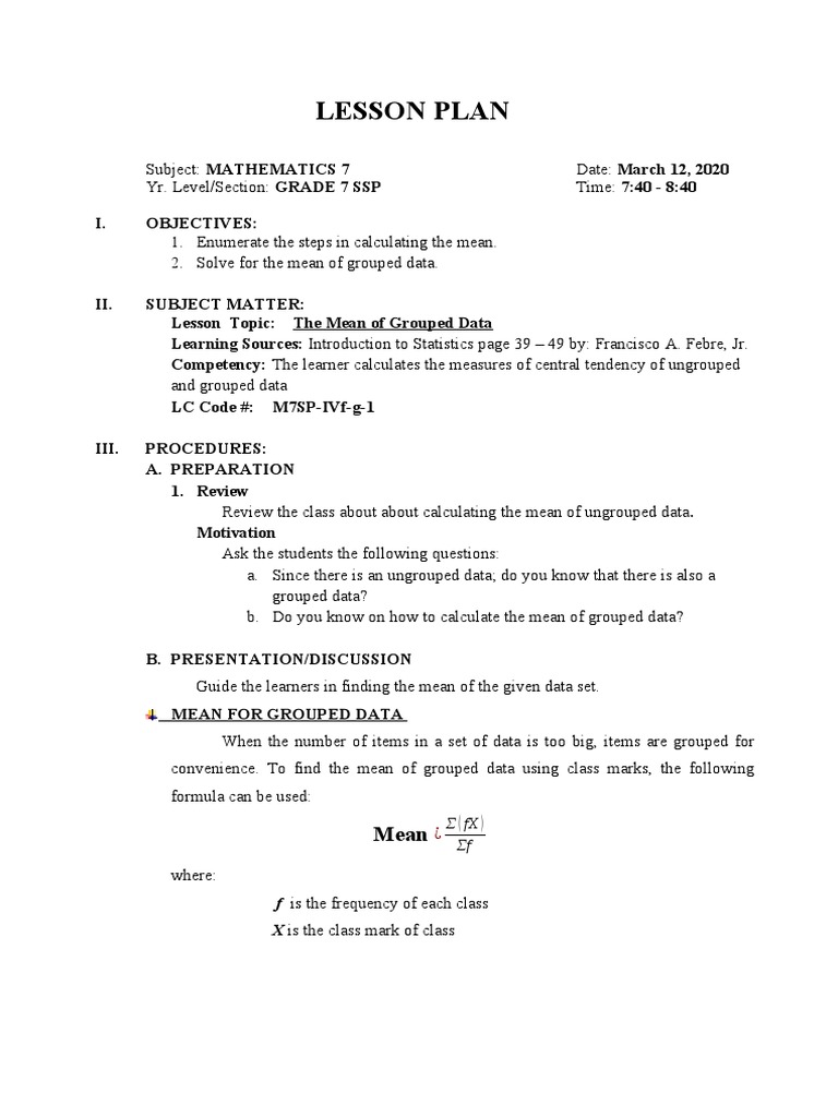 Grade 7 Math: Grouped Data Mean | PDF | Lesson Plan | Mean